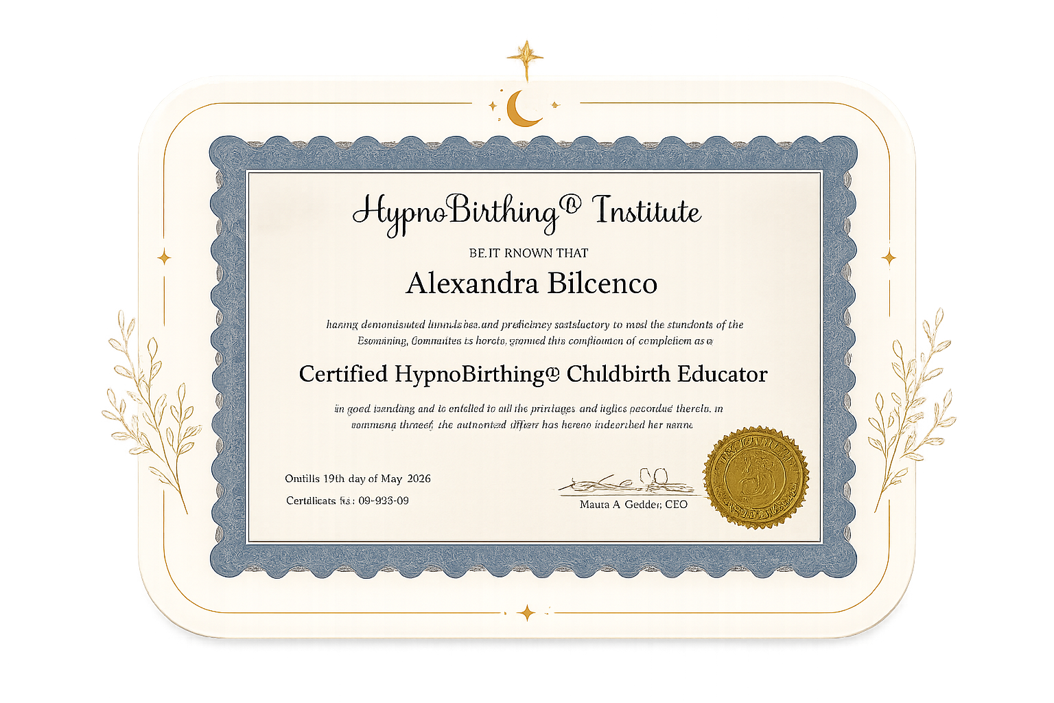 Alexandra Bilcenco — Certified HypnoBirthing® Childbirth Educator certificate